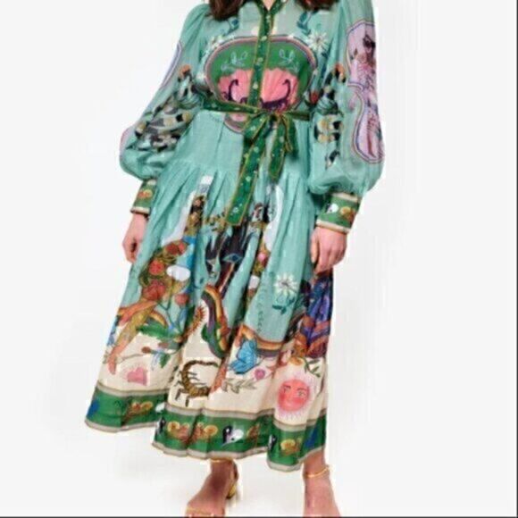 Dresses & Skirts - Green Colorful Art Long Balloon Sleeve Collar Button Down Midi Shirt Dress XL